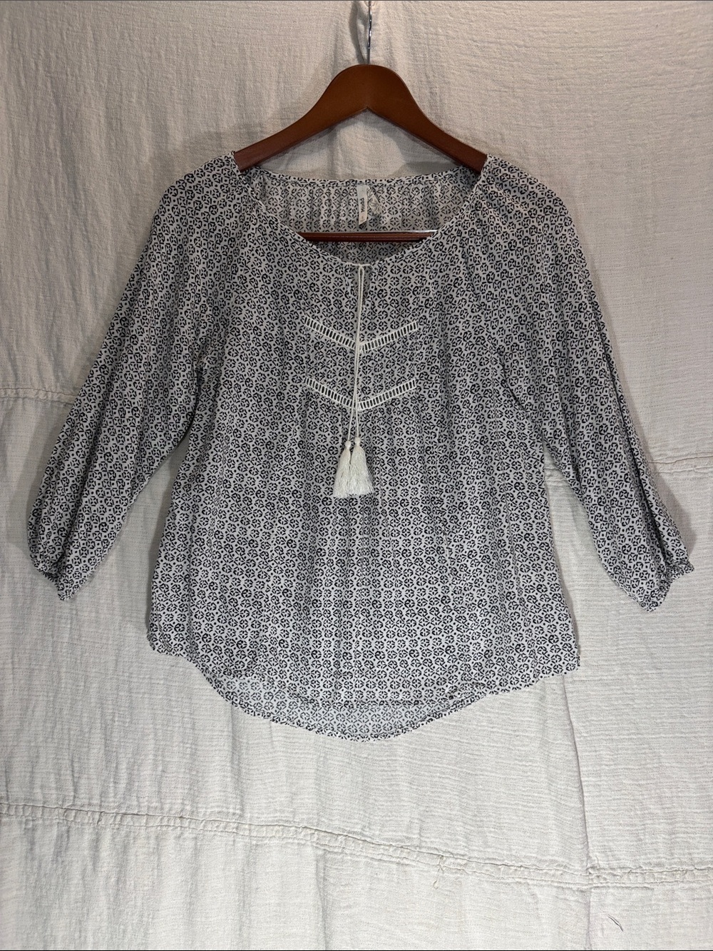 Mudd White Blouse with Navy Geometric Pattern and Tassel Tie 100% Rayon